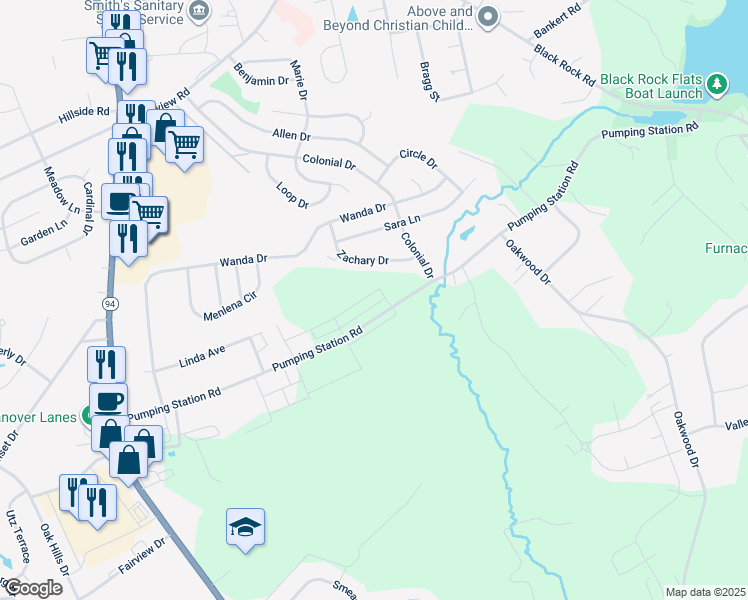 map of restaurants, bars, coffee shops, grocery stores, and more near 279 Ridge View Lane in Hanover