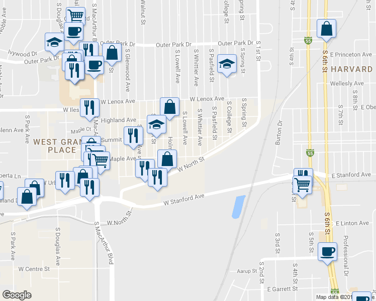 map of restaurants, bars, coffee shops, grocery stores, and more near 2824 South Lowell Avenue in Springfield