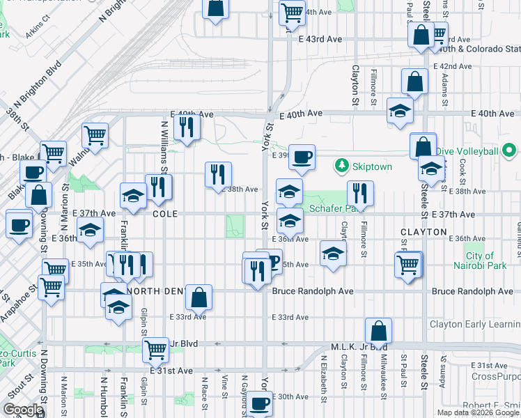 map of restaurants, bars, coffee shops, grocery stores, and more near 3701 York Street in Denver