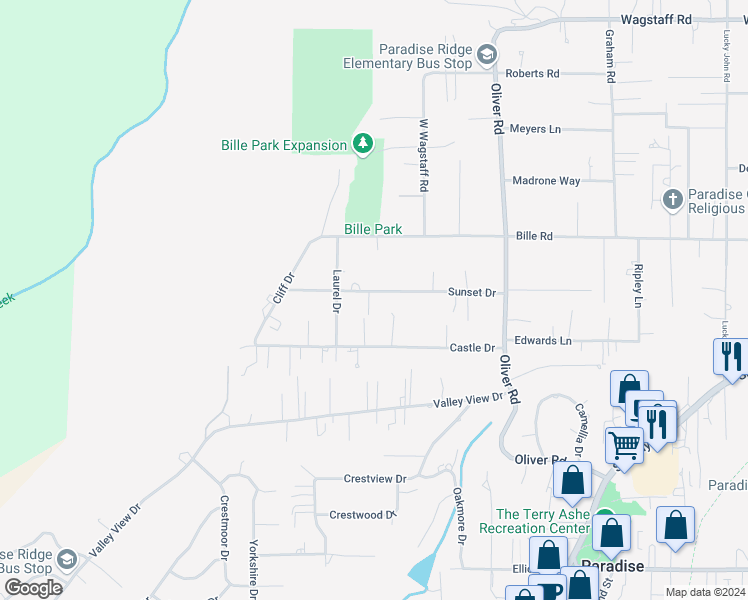 map of restaurants, bars, coffee shops, grocery stores, and more near 524 Sunset Drive in Paradise