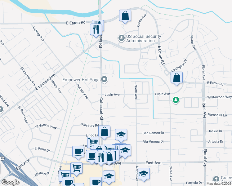 map of restaurants, bars, coffee shops, grocery stores, and more near 970 Lupin Avenue in Chico