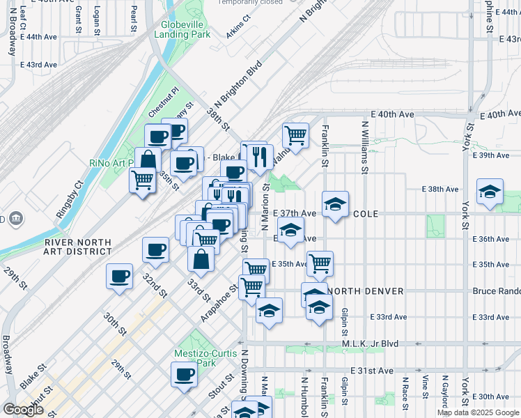map of restaurants, bars, coffee shops, grocery stores, and more near in Denver