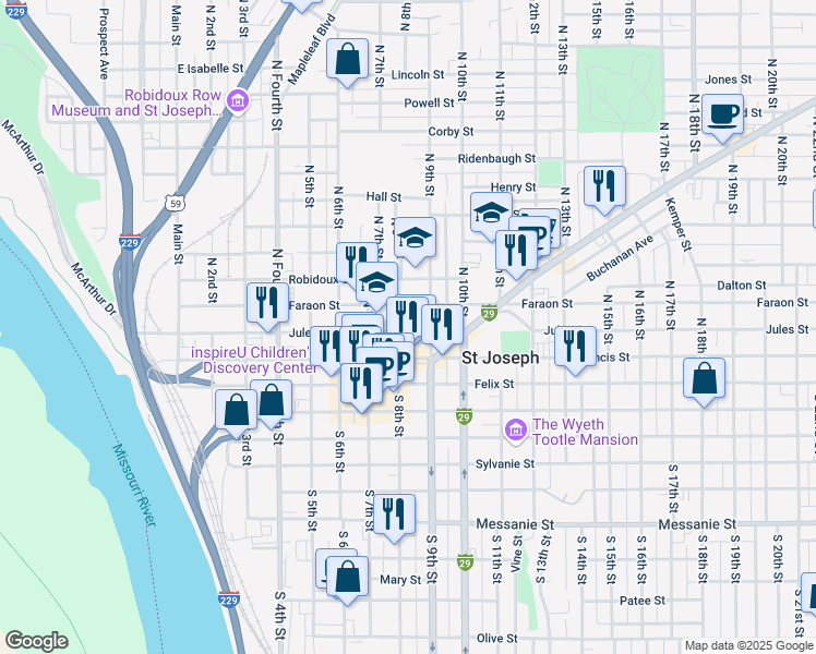 map of restaurants, bars, coffee shops, grocery stores, and more near 720 Jules Street in Saint Joseph