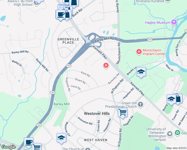 map of restaurants, bars, coffee shops, grocery stores, and more near 1019 Kent Road in Wilmington