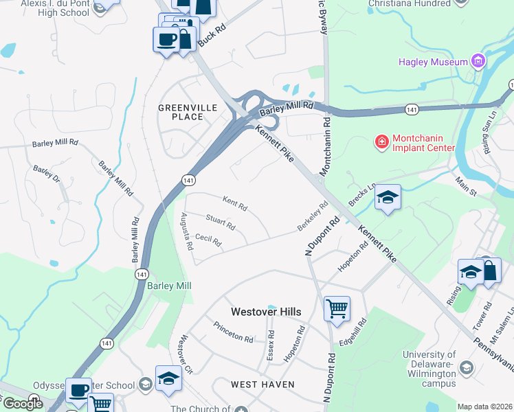 map of restaurants, bars, coffee shops, grocery stores, and more near 1023 Kent Road in Wilmington