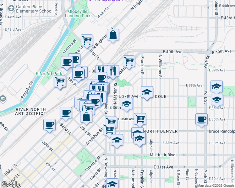 map of restaurants, bars, coffee shops, grocery stores, and more near 3654 North Marion Street in Denver