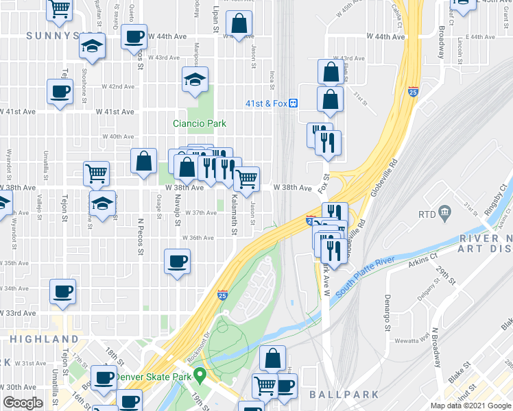map of restaurants, bars, coffee shops, grocery stores, and more near 3655 Inca Street in Denver