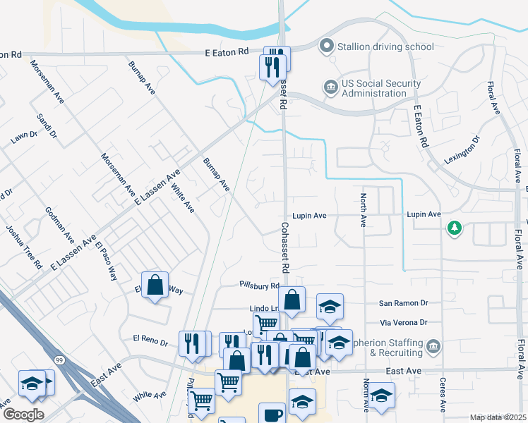 map of restaurants, bars, coffee shops, grocery stores, and more near 2520 Burnap Avenue in Chico
