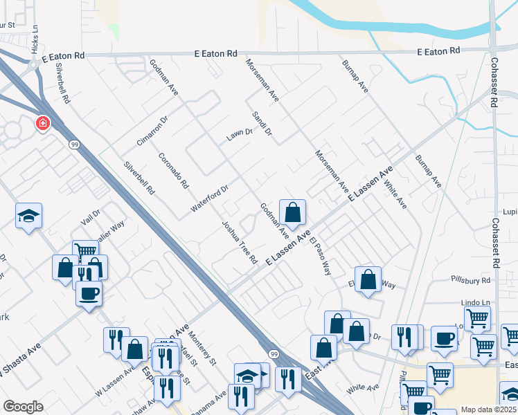 map of restaurants, bars, coffee shops, grocery stores, and more near 583 Morgan Drive in Chico