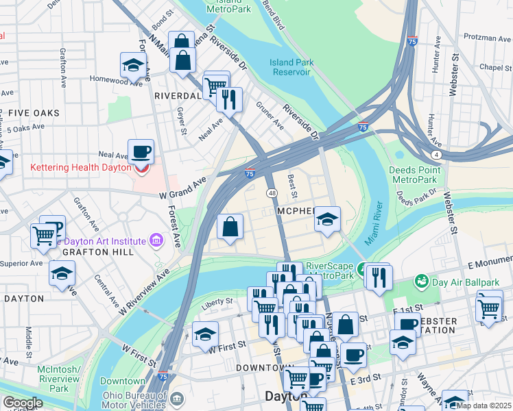 map of restaurants, bars, coffee shops, grocery stores, and more near 28 West Babbitt Street in Dayton