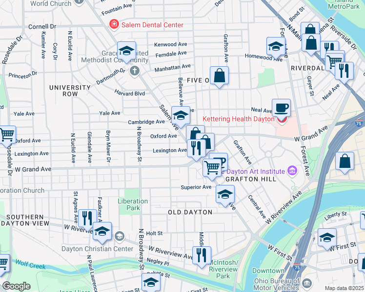 map of restaurants, bars, coffee shops, grocery stores, and more near 24 Lexington Avenue in Dayton