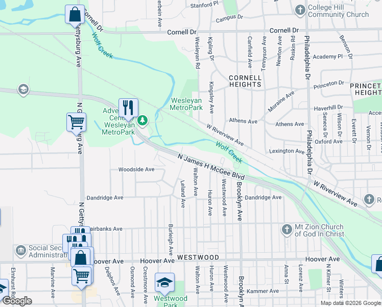map of restaurants, bars, coffee shops, grocery stores, and more near 1804 Wolf Creek Trail in Dayton