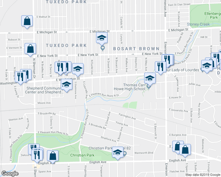 map of restaurants, bars, coffee shops, grocery stores, and more near 4642 East Pleasant Run Parkway North Drive in Indianapolis