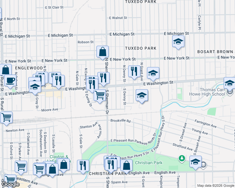 map of restaurants, bars, coffee shops, grocery stores, and more near 44 South Denny Street in Indianapolis