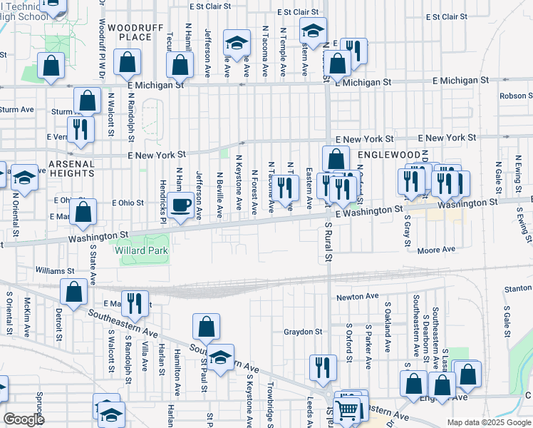 map of restaurants, bars, coffee shops, grocery stores, and more near in Indianapolis