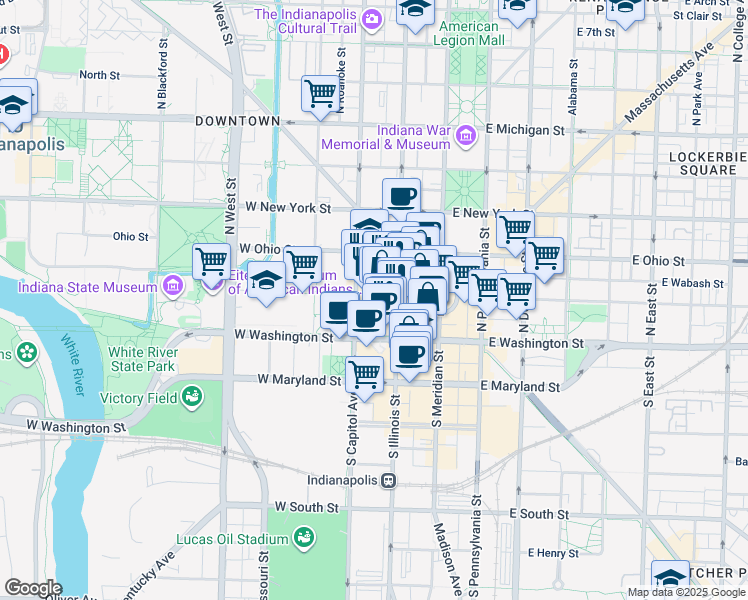 map of restaurants, bars, coffee shops, grocery stores, and more near 33 North Capitol Avenue in Indianapolis