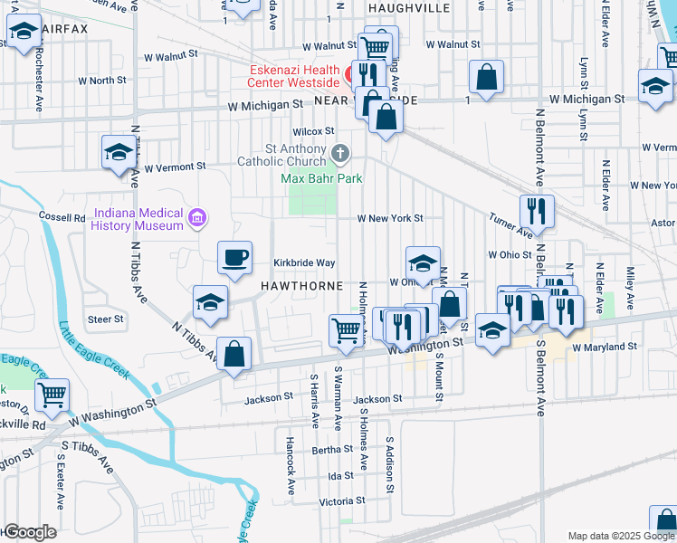 map of restaurants, bars, coffee shops, grocery stores, and more near 95 North Warman Avenue in Indianapolis