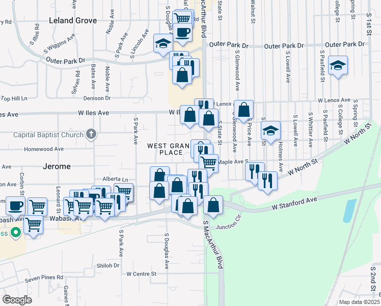 map of restaurants, bars, coffee shops, grocery stores, and more near Evergreen Court in Springfield
