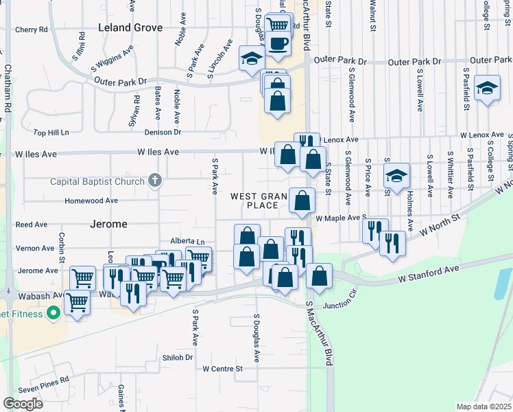 map of restaurants, bars, coffee shops, grocery stores, and more near 1169-1201 Maple Ave in Springfield