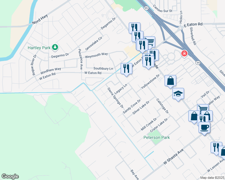 map of restaurants, bars, coffee shops, grocery stores, and more near 3302 Sierra Springs Drive in Chico
