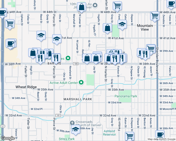 map of restaurants, bars, coffee shops, grocery stores, and more near 6270 West 38th Avenue in Wheat Ridge