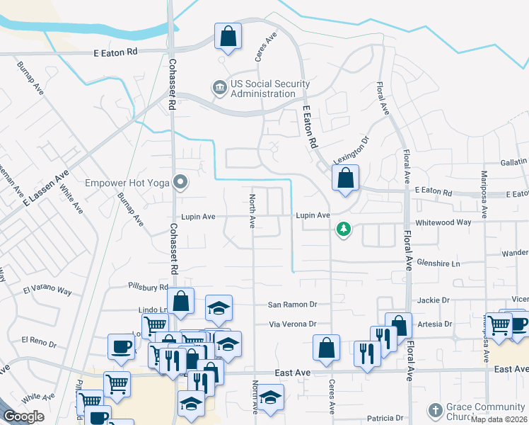 map of restaurants, bars, coffee shops, grocery stores, and more near 3001 Ashburton Lane in Chico