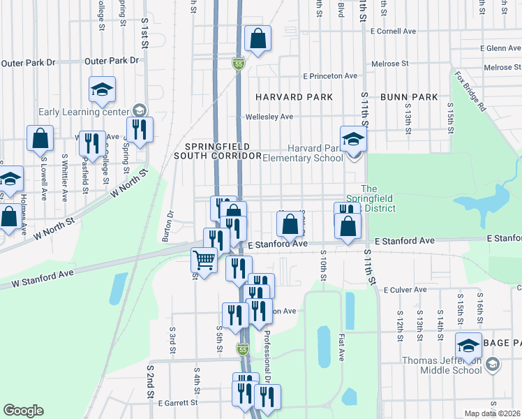map of restaurants, bars, coffee shops, grocery stores, and more near 2621 South 7th Street in Springfield