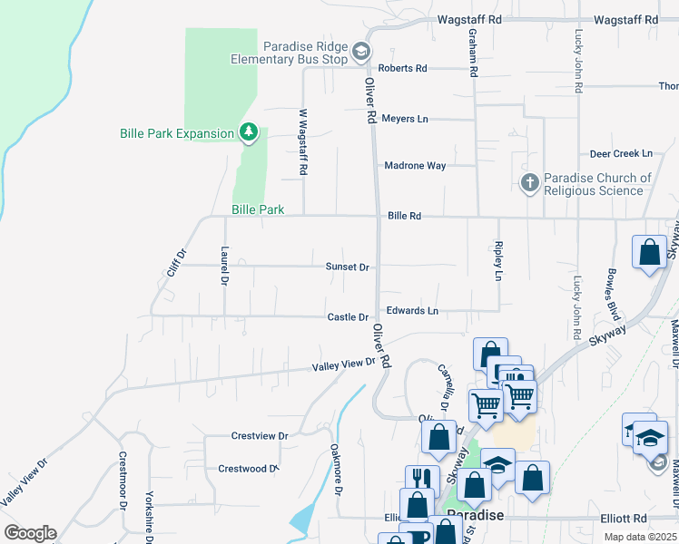 map of restaurants, bars, coffee shops, grocery stores, and more near 6125 Lois Drive in Paradise
