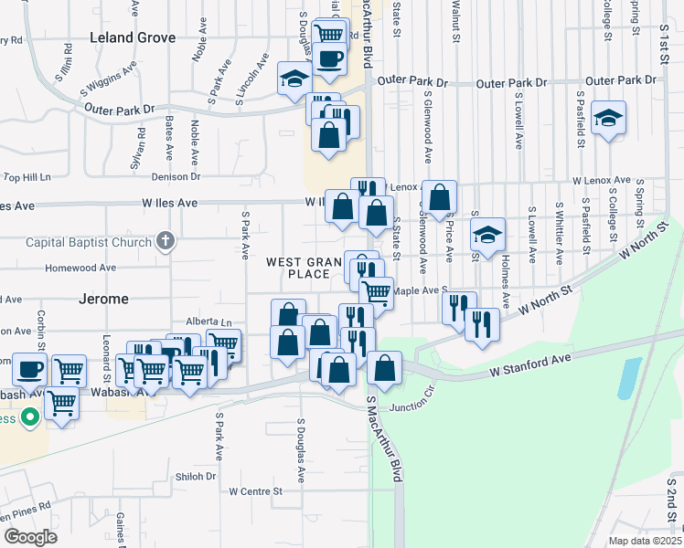 map of restaurants, bars, coffee shops, grocery stores, and more near Evergreen Court in Springfield