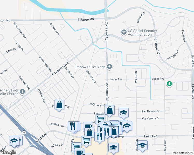 map of restaurants, bars, coffee shops, grocery stores, and more near 2520 Burnap Avenue in Chico