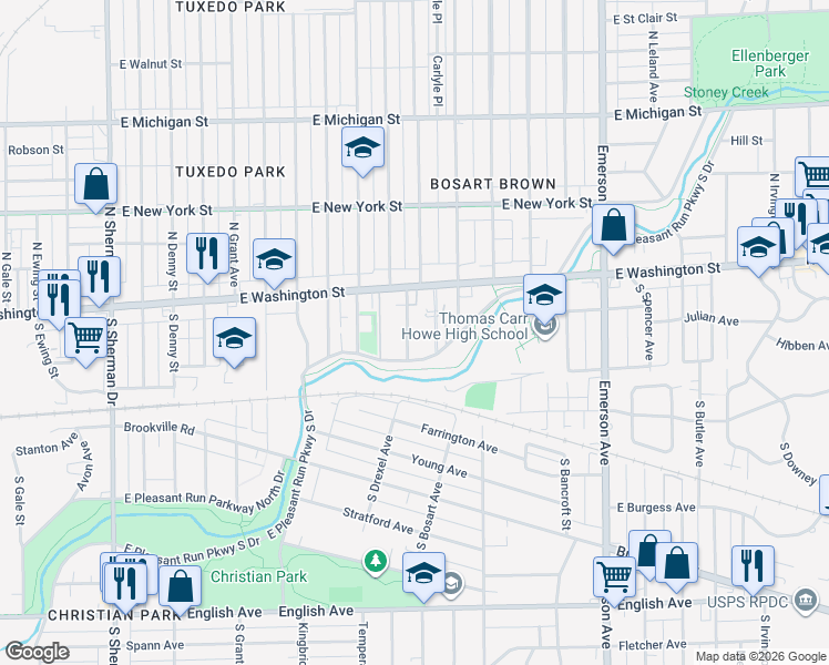map of restaurants, bars, coffee shops, grocery stores, and more near 4642 East Pleasant Run Parkway North Drive in Indianapolis