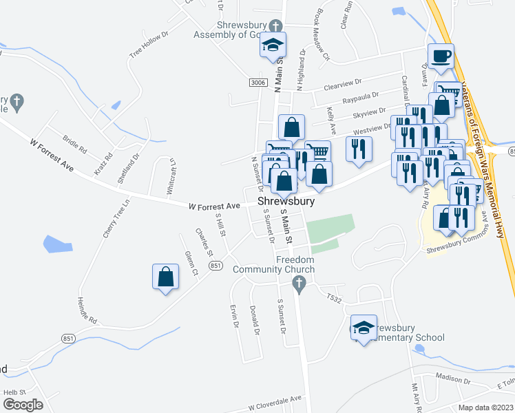map of restaurants, bars, coffee shops, grocery stores, and more near 30 West Forrest Avenue in Shrewsbury