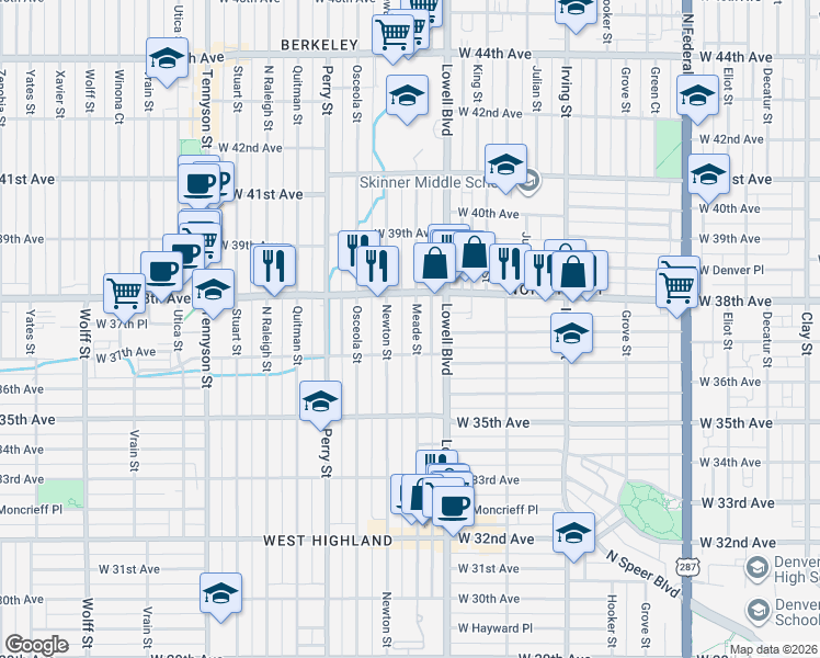 map of restaurants, bars, coffee shops, grocery stores, and more near 3715 Meade Street in Denver