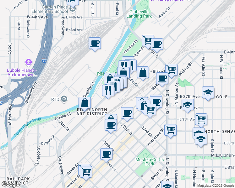 map of restaurants, bars, coffee shops, grocery stores, and more near 3330 Brighton Boulevard in Denver