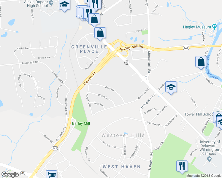 map of restaurants, bars, coffee shops, grocery stores, and more near Kent Road in Greenville