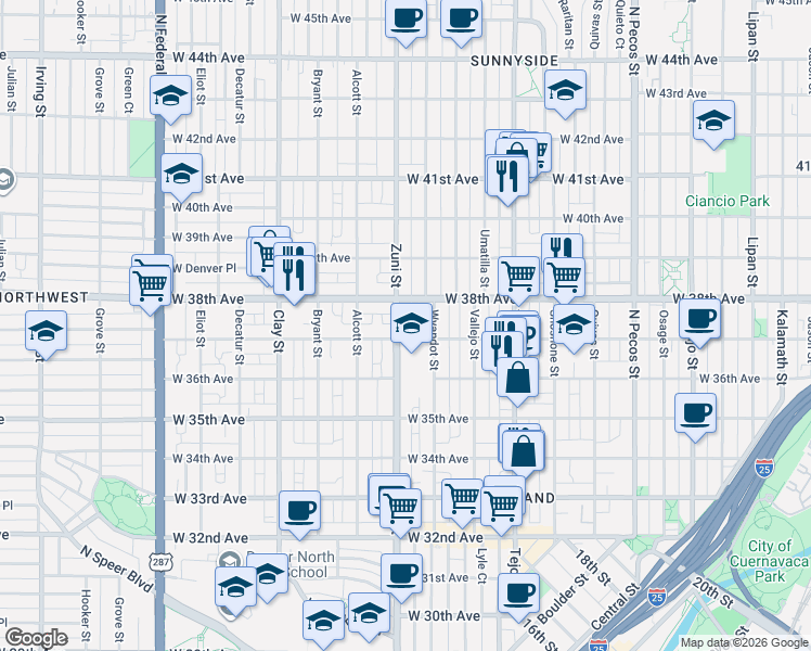 map of restaurants, bars, coffee shops, grocery stores, and more near 2319 West 37th Avenue in Denver