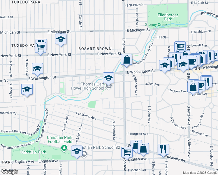 map of restaurants, bars, coffee shops, grocery stores, and more near 4900 Julian Avenue in Indianapolis