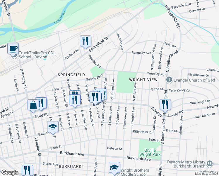 map of restaurants, bars, coffee shops, grocery stores, and more near 43 North Garland Avenue in Dayton