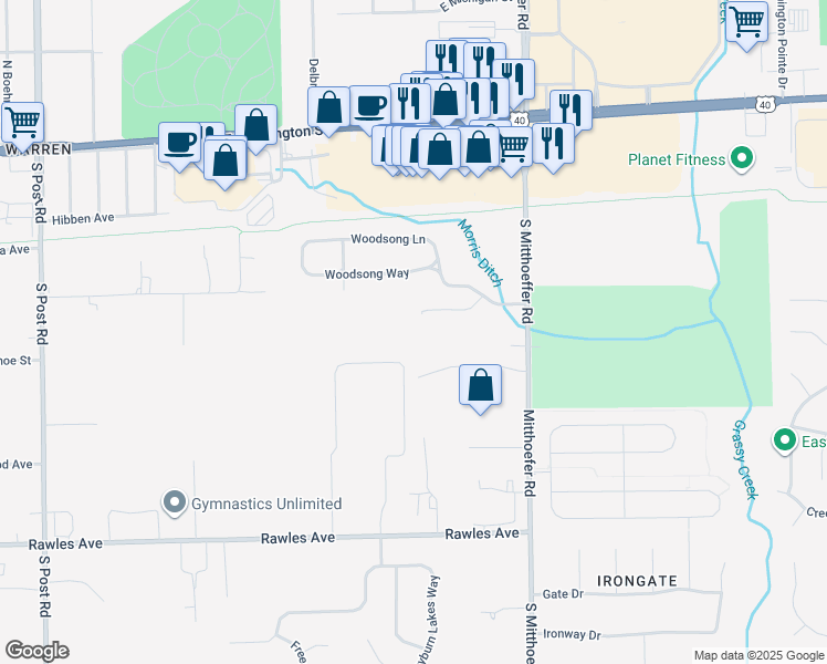 map of restaurants, bars, coffee shops, grocery stores, and more near 238 Legends Creek Way in Indianapolis