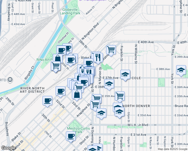 map of restaurants, bars, coffee shops, grocery stores, and more near in Denver