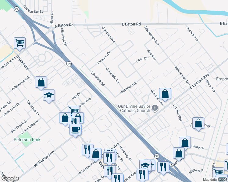 map of restaurants, bars, coffee shops, grocery stores, and more near 3030 Silverbell Road in Chico