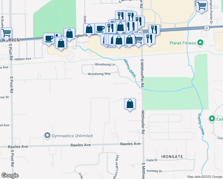 map of restaurants, bars, coffee shops, grocery stores, and more near 246 Legends Creek Way in Indianapolis
