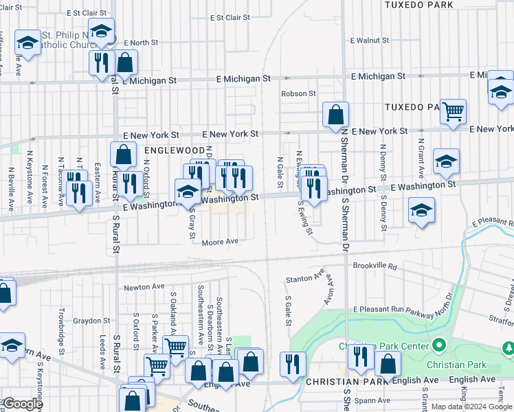 map of restaurants, bars, coffee shops, grocery stores, and more near 3409 East Washington Street in Indianapolis