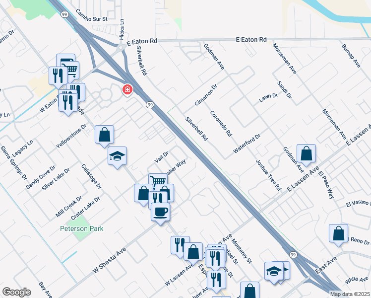 map of restaurants, bars, coffee shops, grocery stores, and more near 3070 Snowbird Drive in Chico