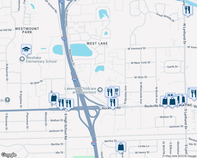 map of restaurants, bars, coffee shops, grocery stores, and more near 45 Beachway Drive in Indianapolis