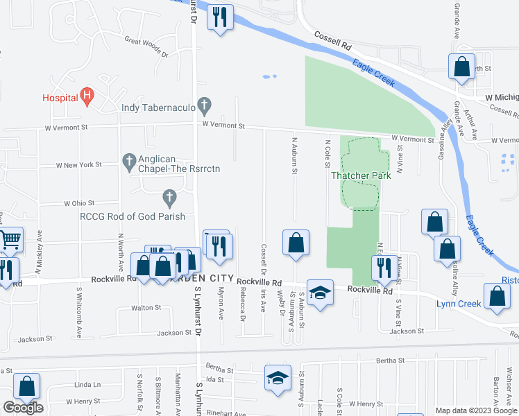 map of restaurants, bars, coffee shops, grocery stores, and more near 116 Cossell Drive in Indianapolis
