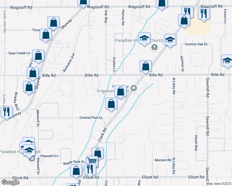 map of restaurants, bars, coffee shops, grocery stores, and more near 1232 Tahoe Way in Paradise