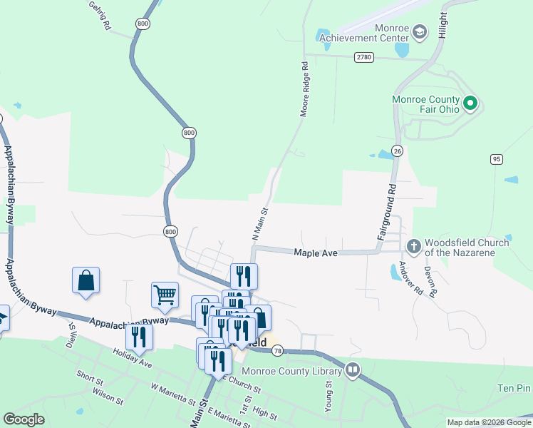 map of restaurants, bars, coffee shops, grocery stores, and more near 310 North Main Street in Woodsfield