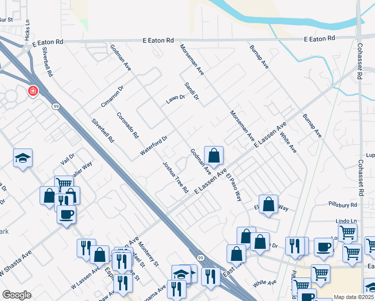 map of restaurants, bars, coffee shops, grocery stores, and more near 2909 Godman Avenue in Chico