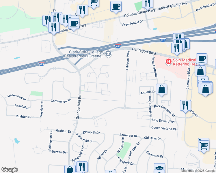 map of restaurants, bars, coffee shops, grocery stores, and more near 2636 Harding Court in Beavercreek